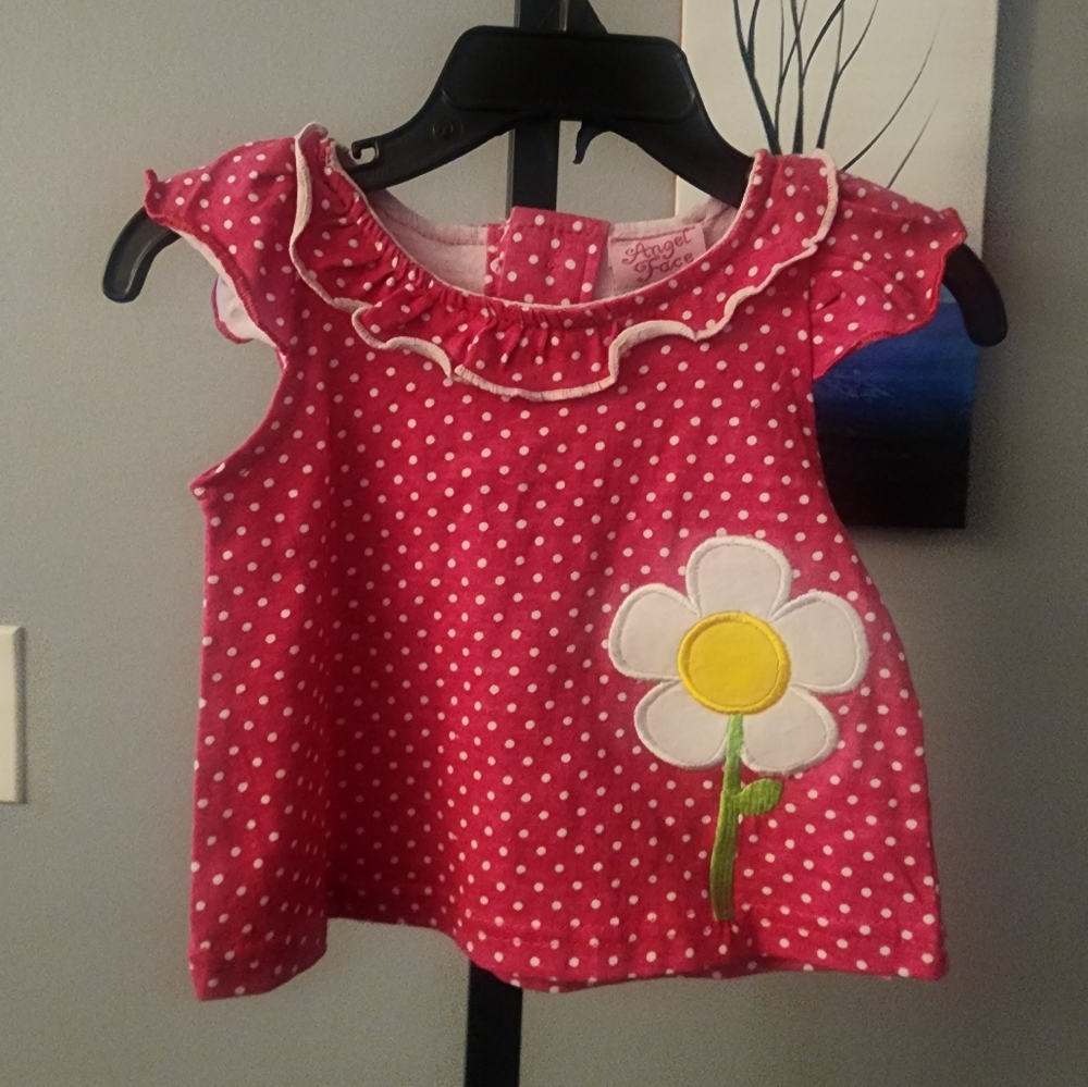 Baby Girl Angel Face Pink Polka Dot Short Sleeve Shirt 3-6 Months NWT